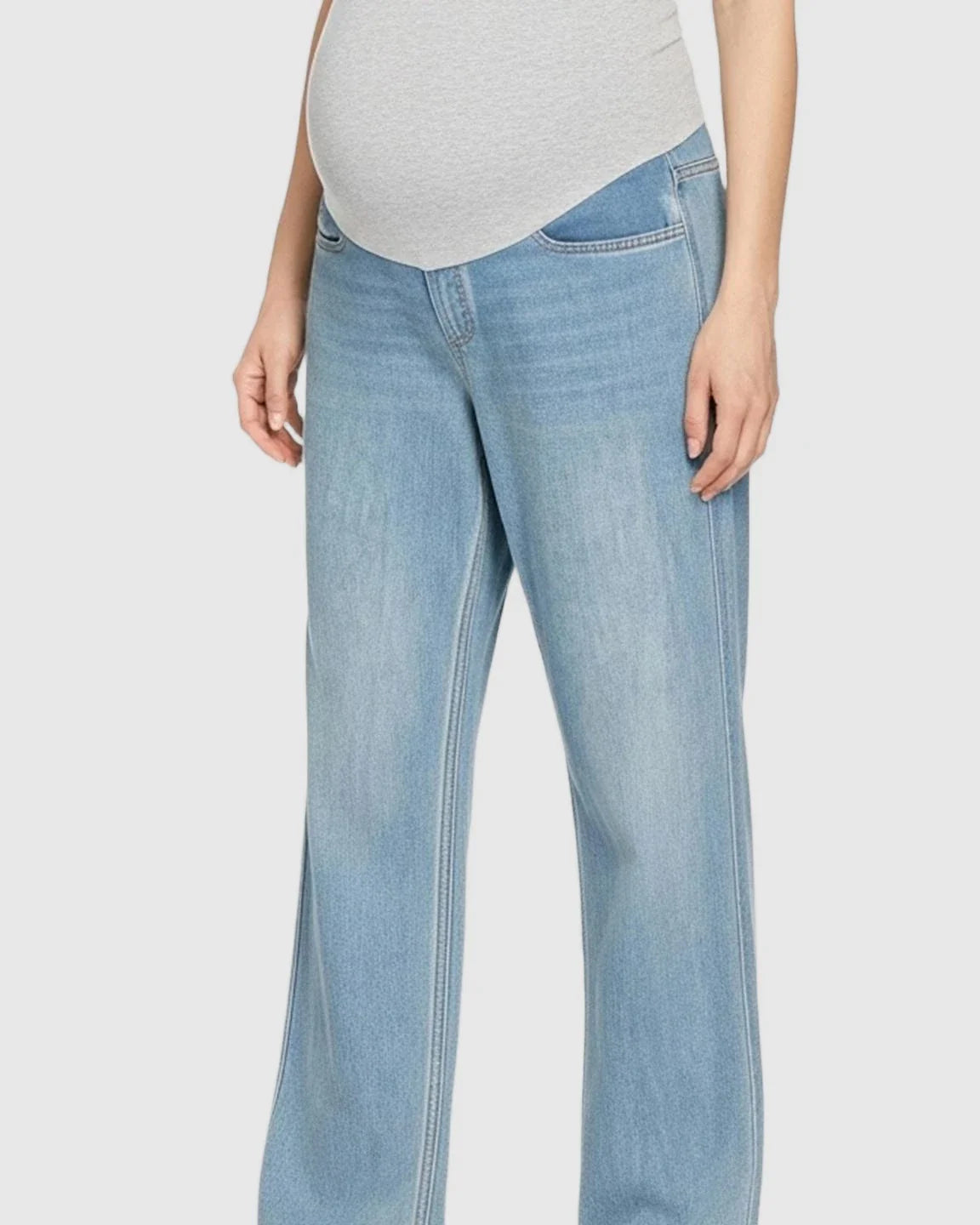 Light blue soft stretch straight-leg maternity jeans with a grey over-the-belly panel.