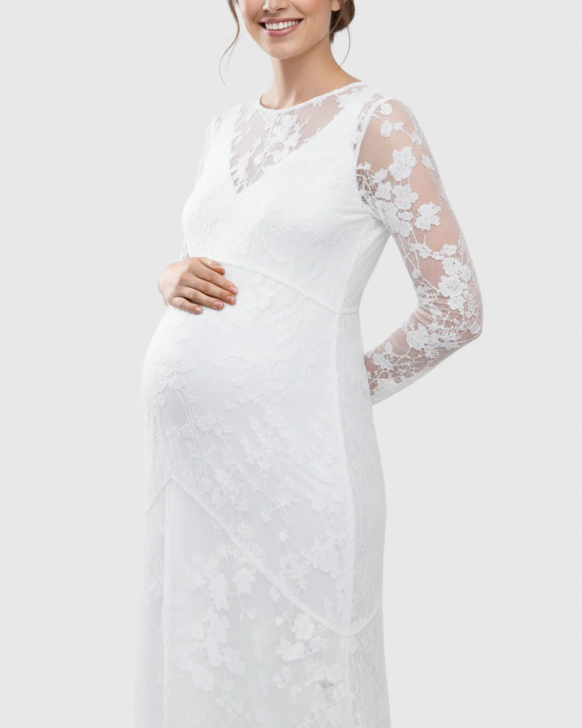 Bump Society – The Comfort Collection: Detachable Mesh Lace V-Neck Maternity Wedding Dress