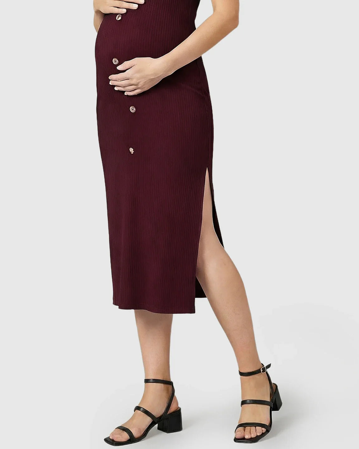 Bump Society – The Comfort Collection: Button-Front Bodycon Maternity Midi Dress
