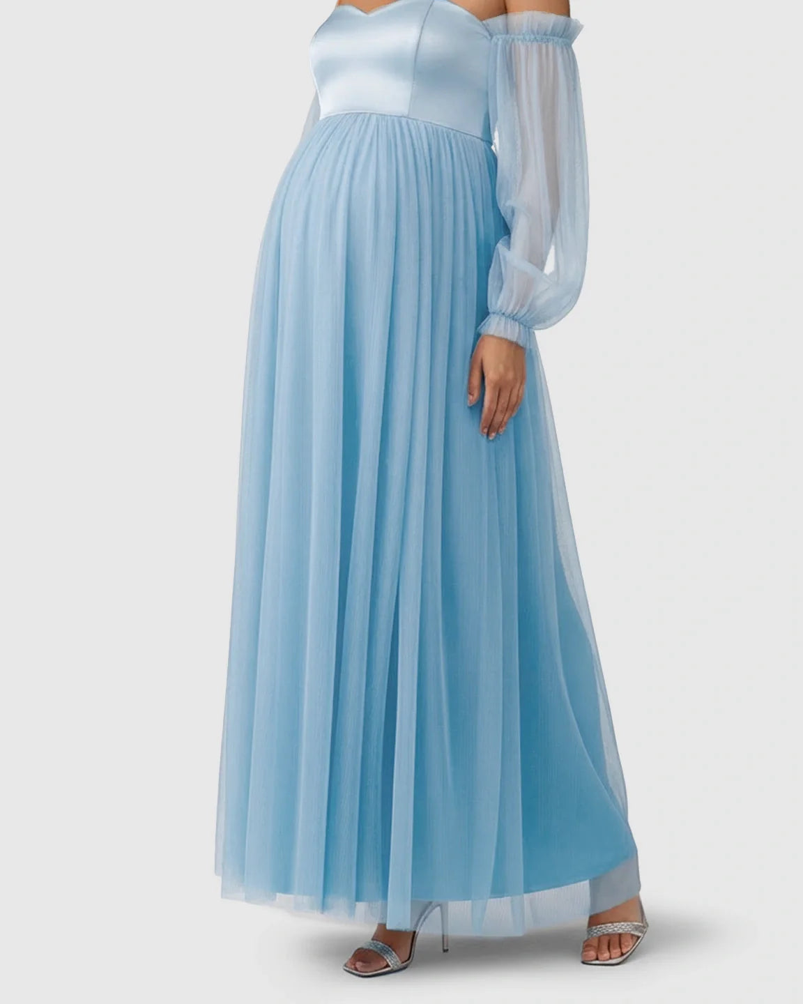 Bump Society – The Comfort Collection: Off-Shoulder Mesh-Sleeve Maternity Gown