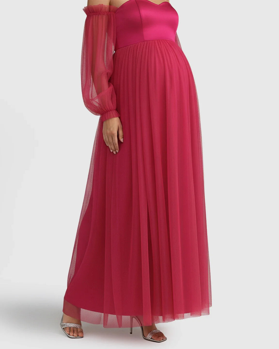 Bump Society – The Comfort Collection: Off-Shoulder Mesh-Sleeve Maternity Gown