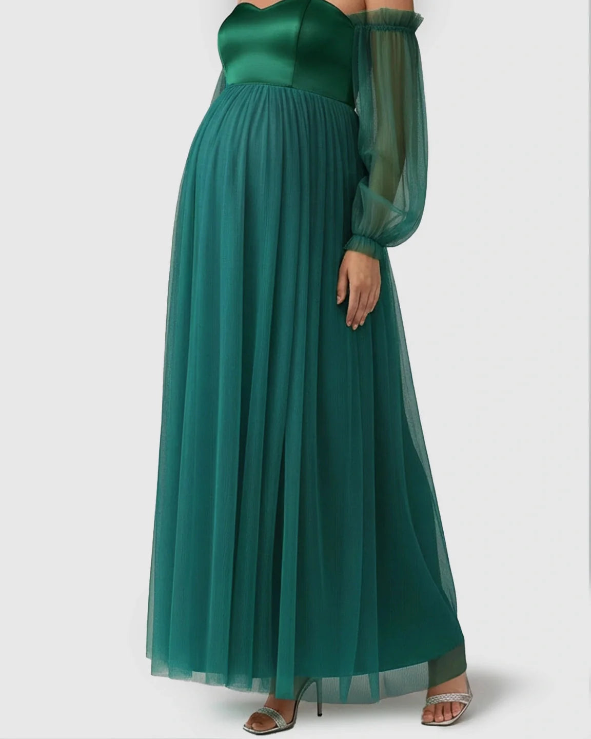 Bump Society – The Comfort Collection: Off-Shoulder Mesh-Sleeve Maternity Gown