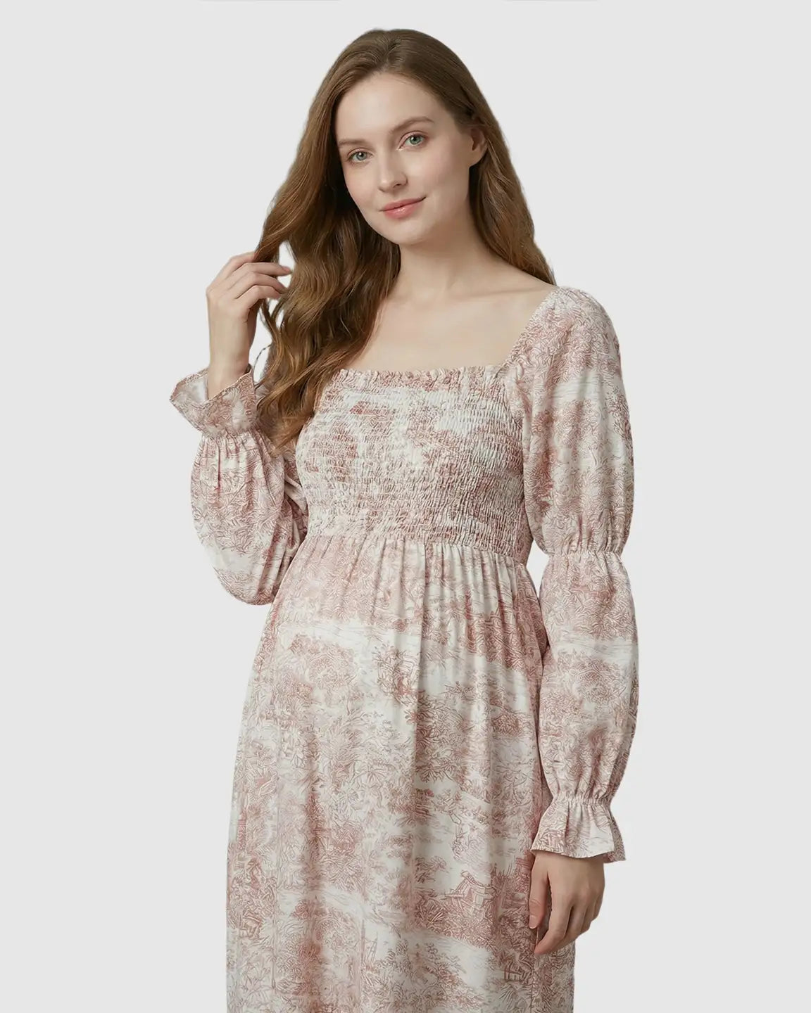 Bump Society – The Comfort Collection: Puffed Long-Sleeve Tiered Skirt Maternity Maxi Dress
