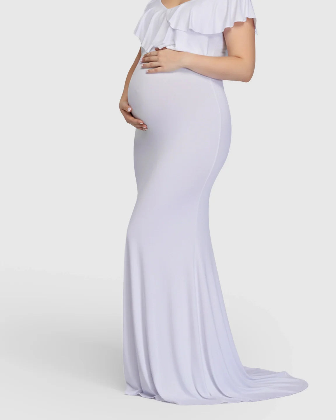 Bump Society – The Comfort Collection: Off-Shoulder Ruffled Bodycon Maternity Maxi Dress