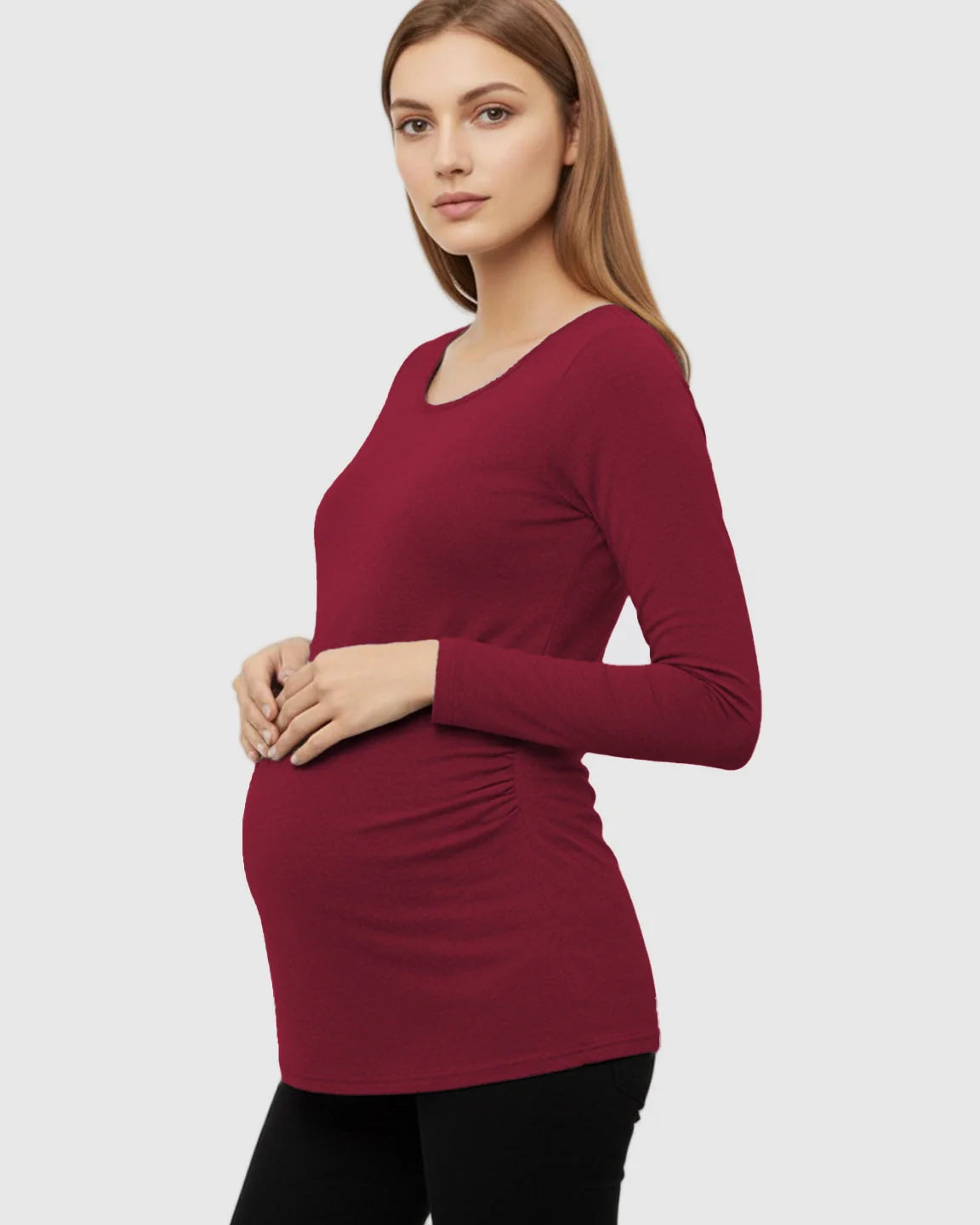 Bump Society – The Comfort Collection: Side Ruched Slim Fit Long Sleeve Maternity Top