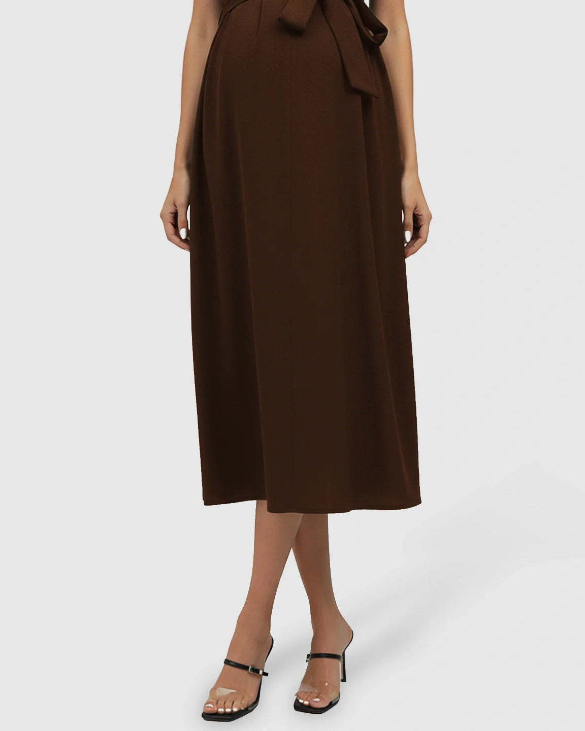 Brown tie-waist V-neck maternity midi dress with flutter sleeves, flowing over the bump.