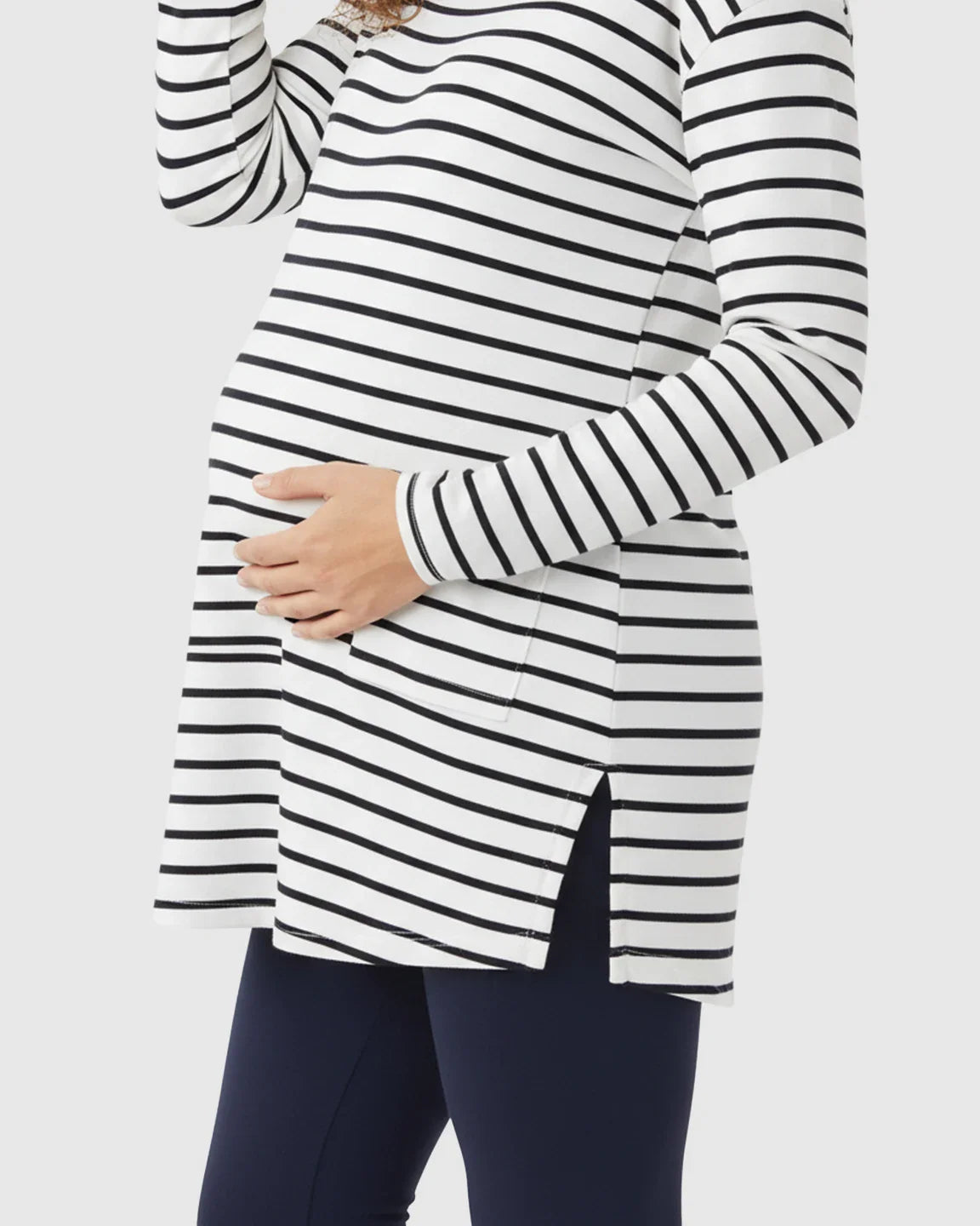 The Comfort Collection: Striped Round Neck Long Sleeve Maternity Top With Pockets