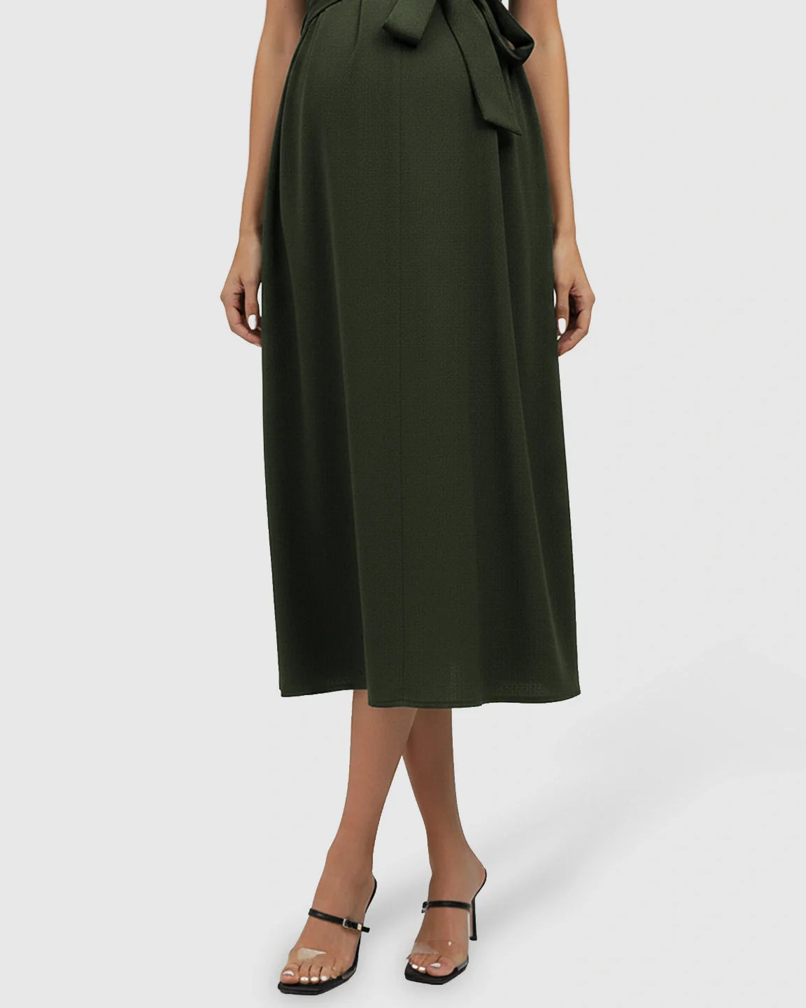 Dark green tie-waist V-neck maternity midi dress with flutter sleeves, shown on a model.