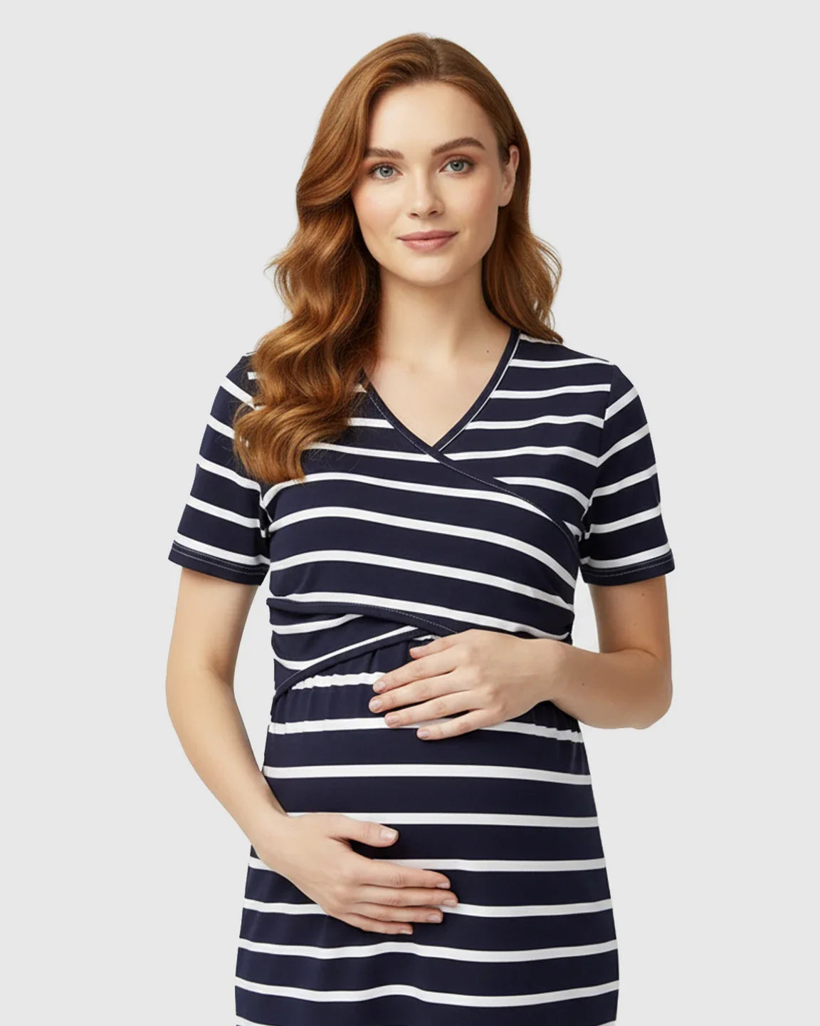 Bump Society – The Nursing Collection: Striped Crossover Fitted Nursing Maternity Midi Dress