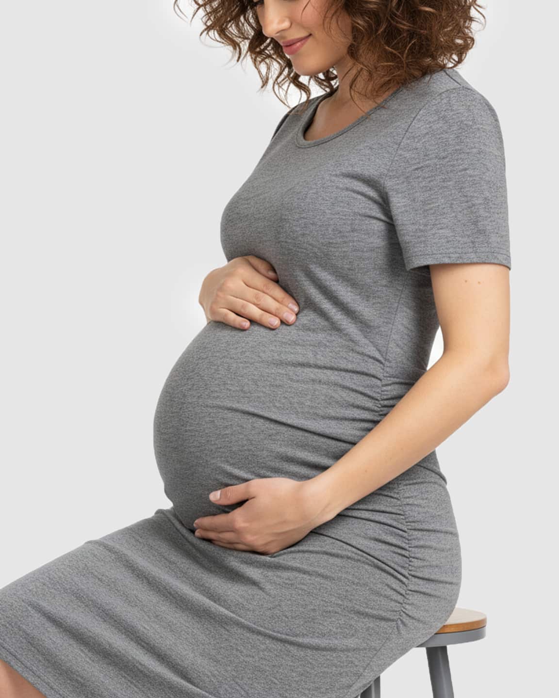 Bump Society – The Comfort Collection: Grey Ruched Bodycon Maternity Midi Dress.