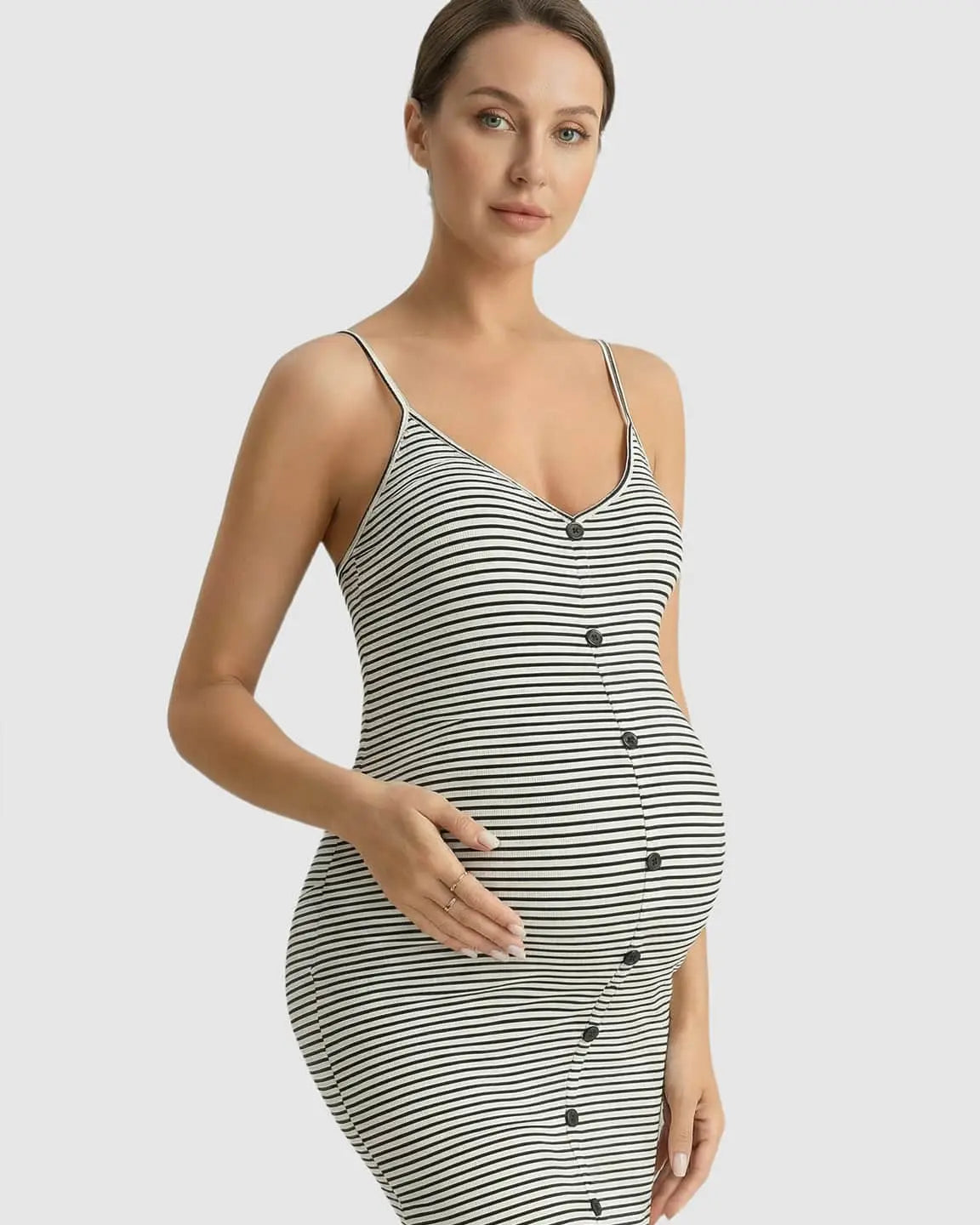 Bump Society – The Comfort Collection: Striped Button-Down Bodycon Maternity Midi Dress
