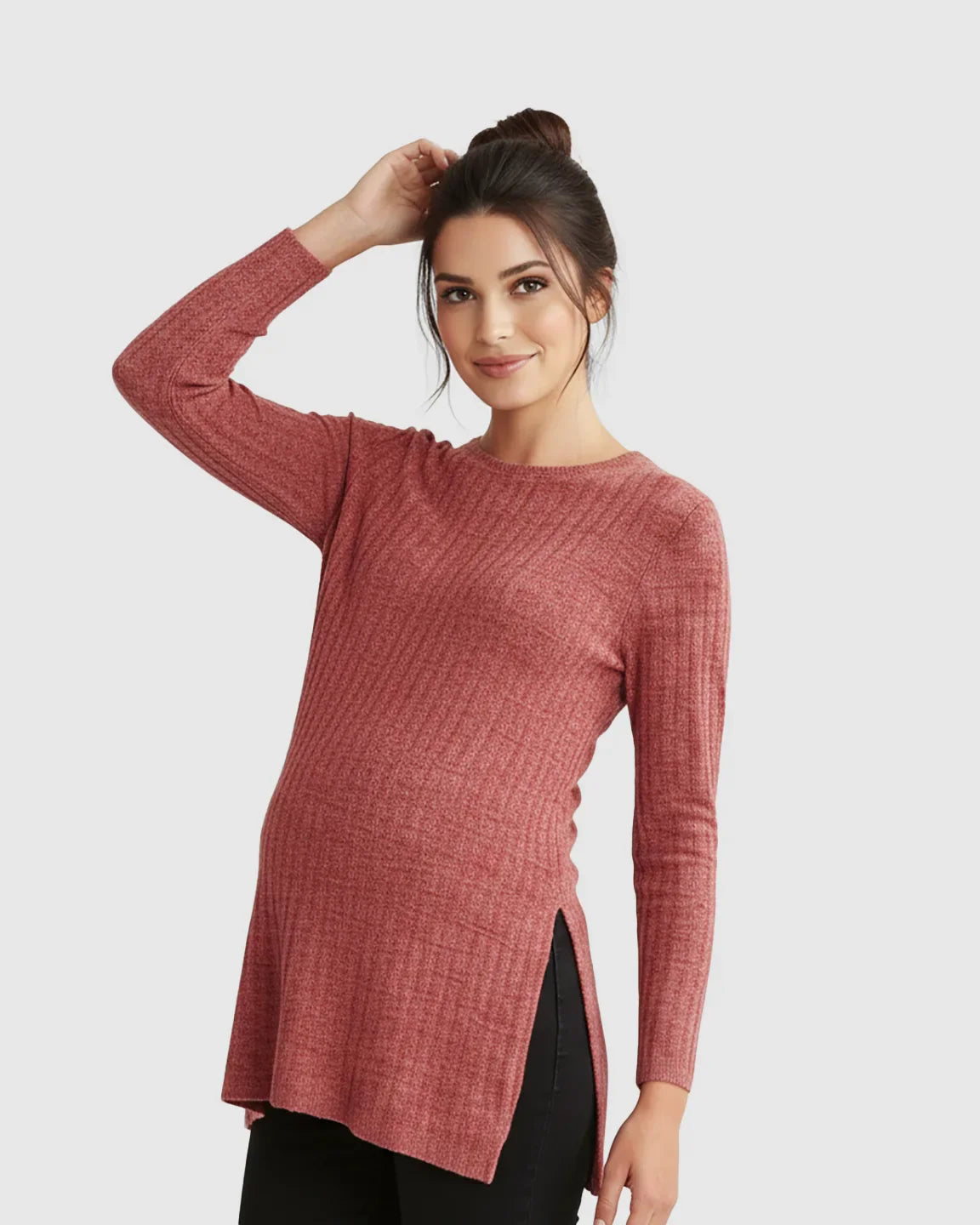 Bump Society – The Comfort Collection: Ribbed Knit Side-Slit Long Sleeve Maternity Top