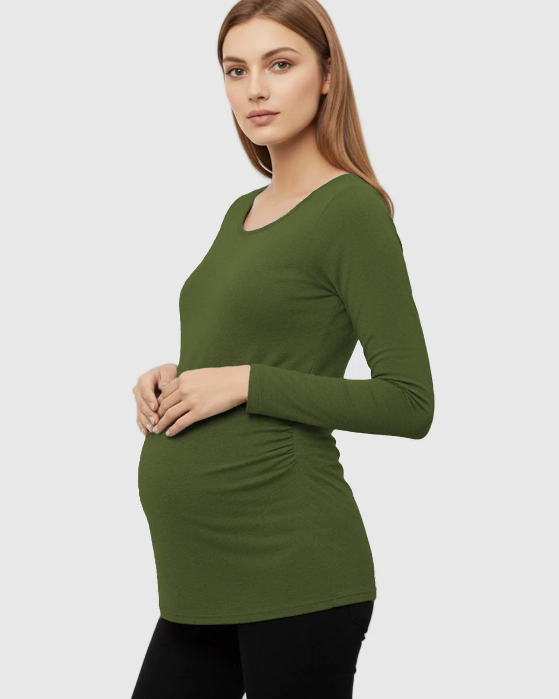Bump Society – The Comfort Collection: Side Ruched Slim Fit Long Sleeve Maternity Top