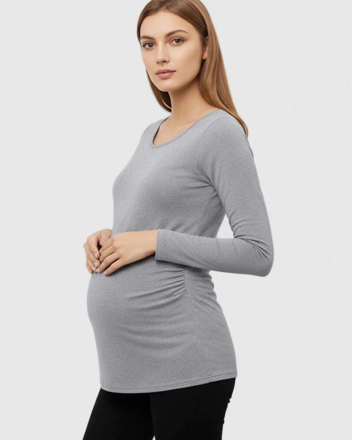Bump Society – The Comfort Collection: Side Ruched Slim Fit Long Sleeve Maternity Top