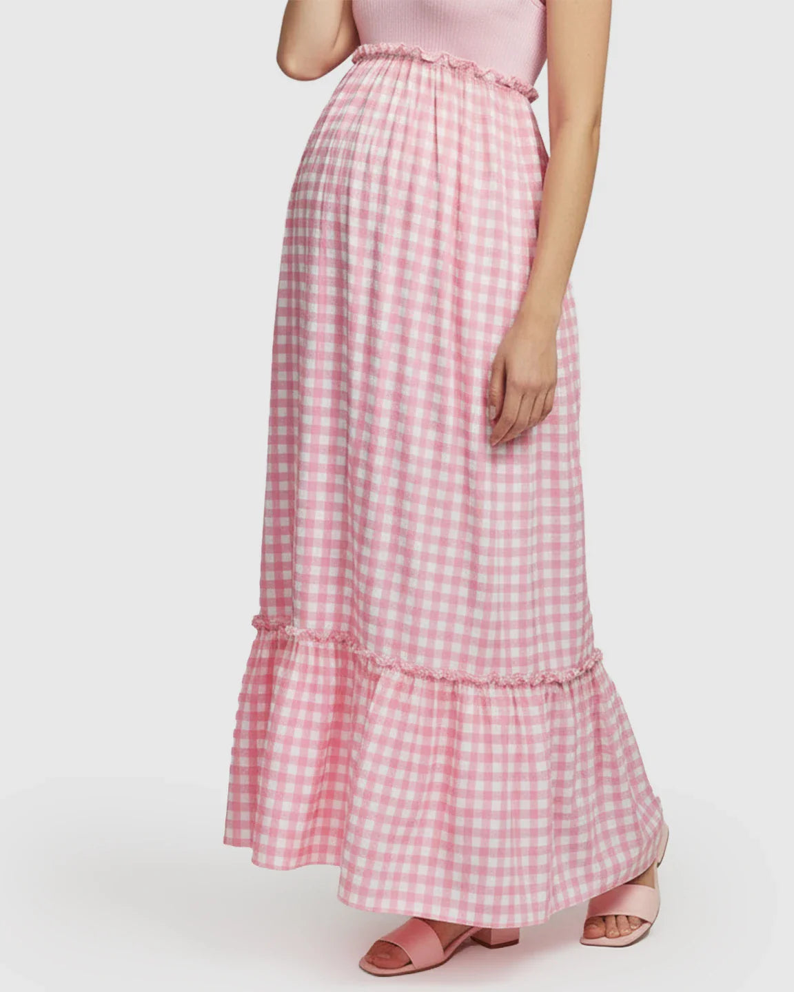 Bump Society – The Comfort Collection: Spaghetti Strap Plaid Patchwork Maternity Maxi Dress
