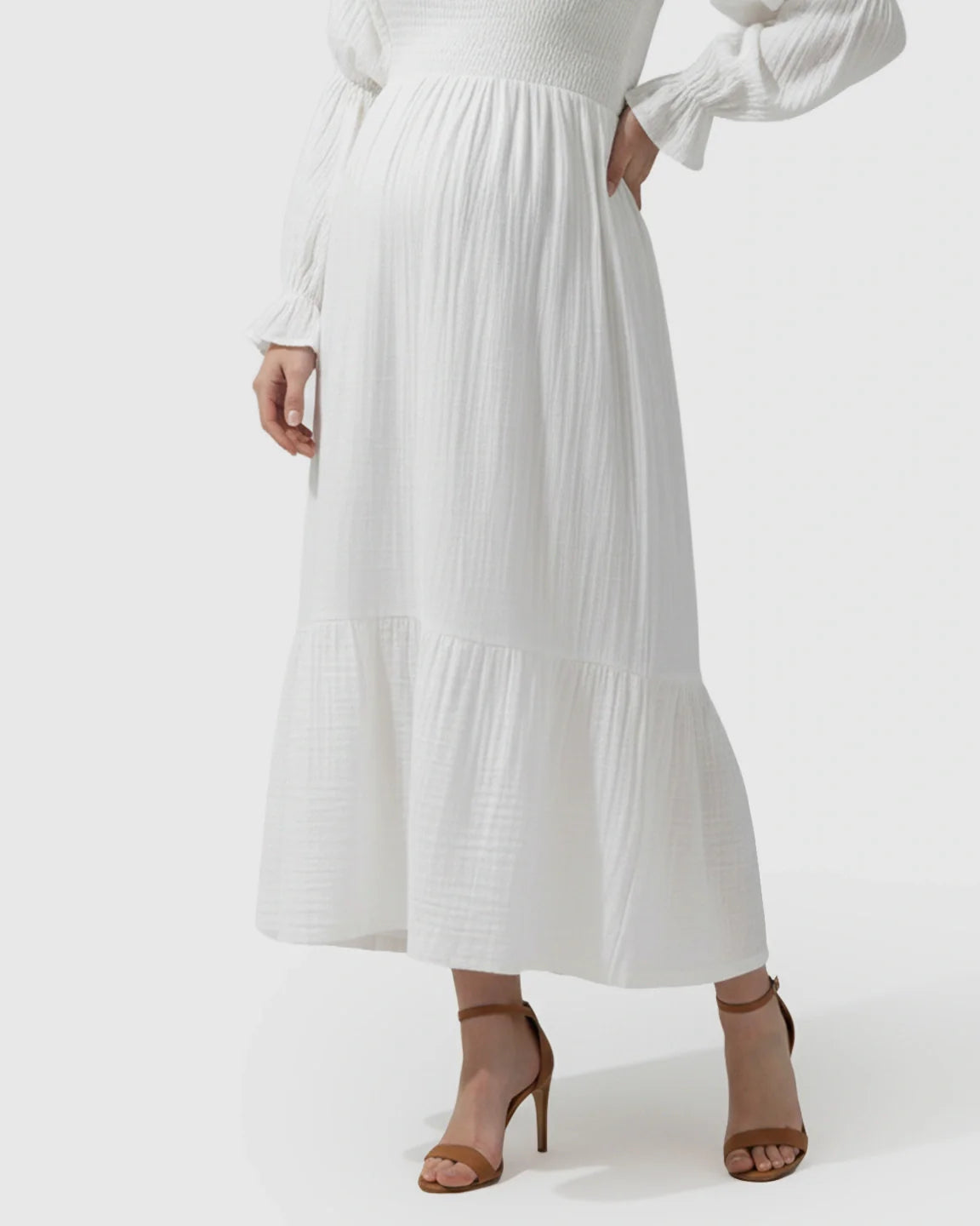 Bump Society – The Comfort Collection: Puffed Long-Sleeve Tiered Skirt Maternity Maxi Dress