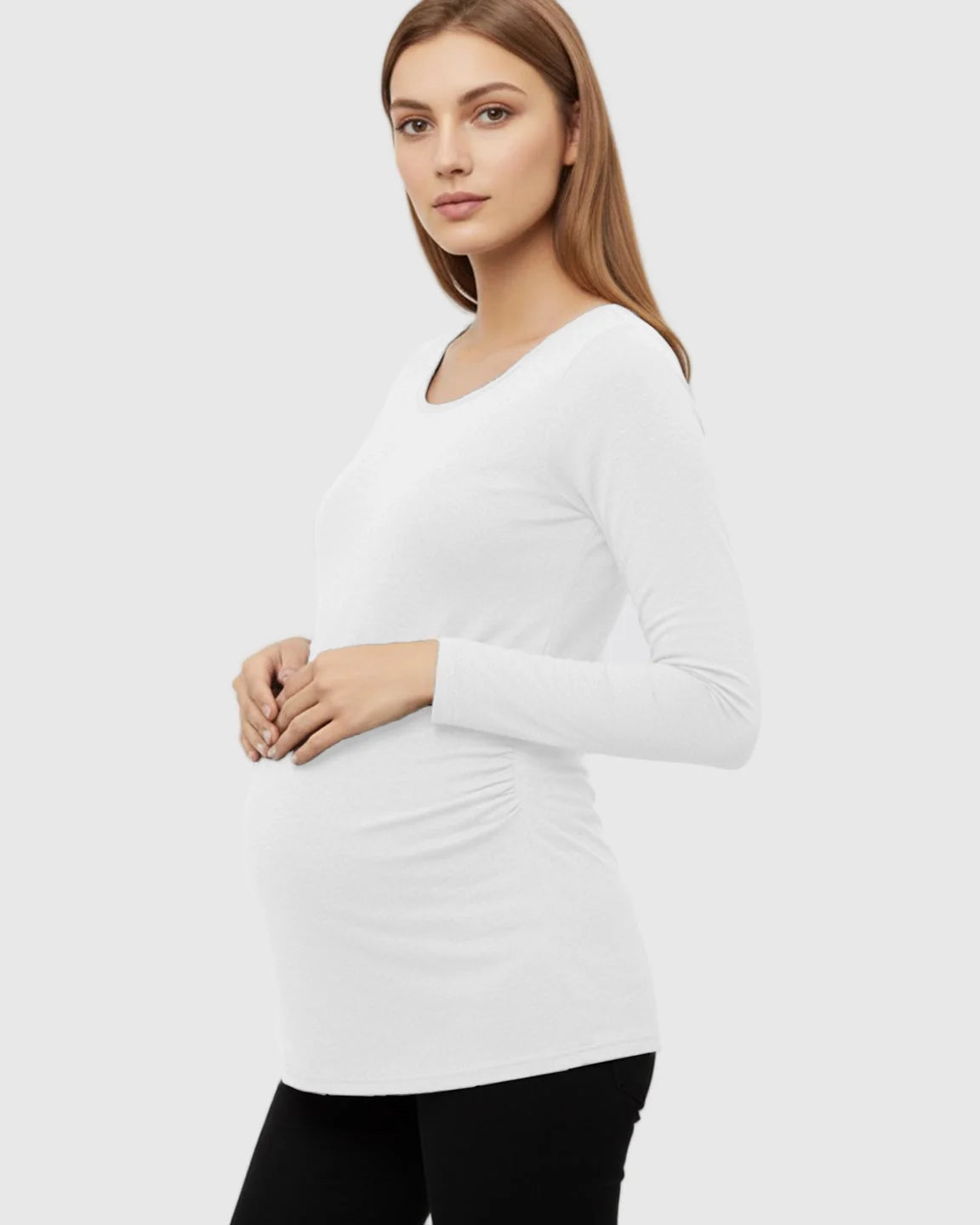 Bump Society – The Comfort Collection: Side Ruched Slim Fit Long Sleeve Maternity Top