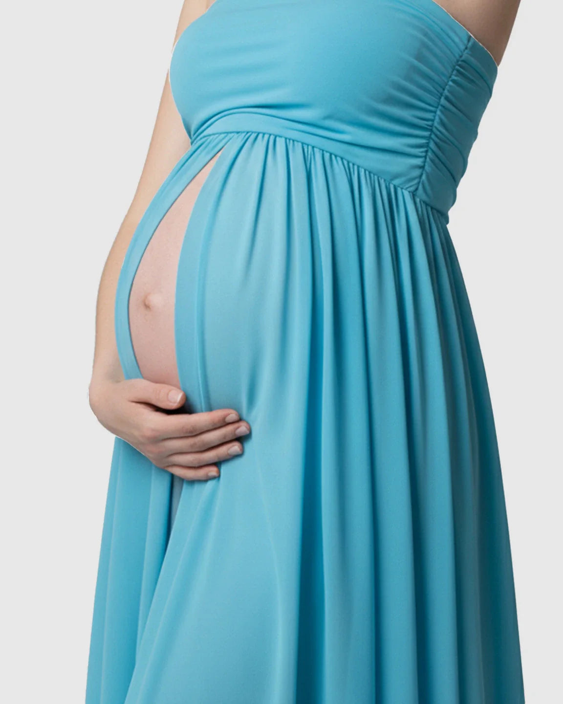 Bump Society – The Comfort Collection: Strapless Ruched Front Slit Maternity Photoshoot Dress