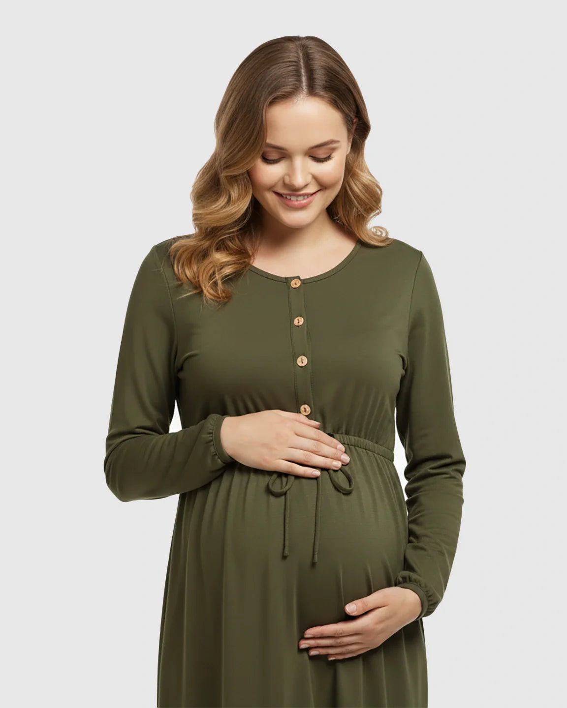 Bump Society – The Comfort Collection: Button-Front Drawstring Waist Maternity Dress