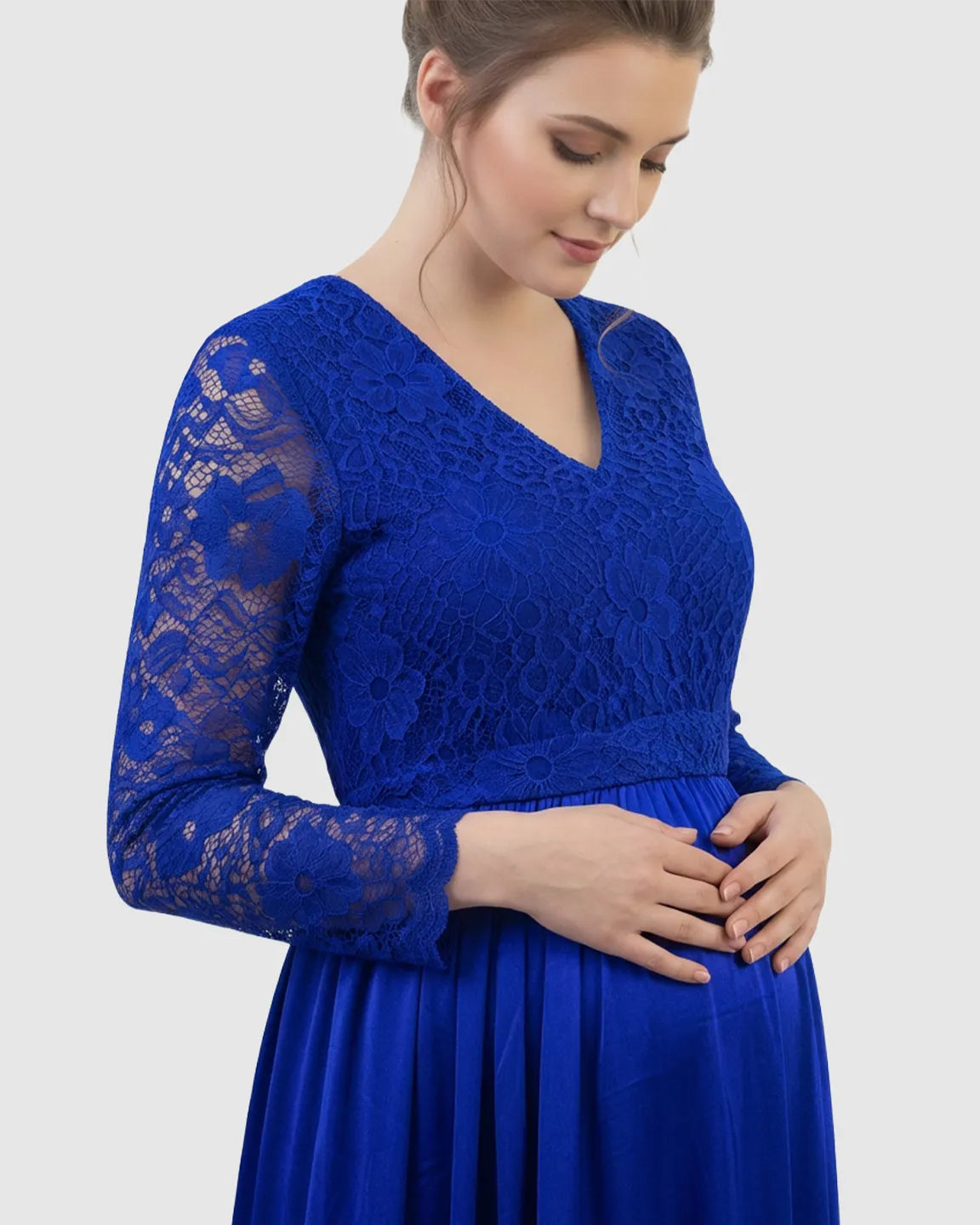 Maternity photoshoot maxi dress: royal blue lace-spliced bodice, V-neck, long sleeves, and flowing skirt.