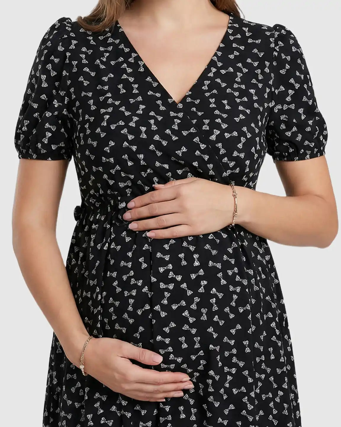 Bump Society – The Comfort Collection: Bow Tie Print Cinched A-Line Maternity Dress