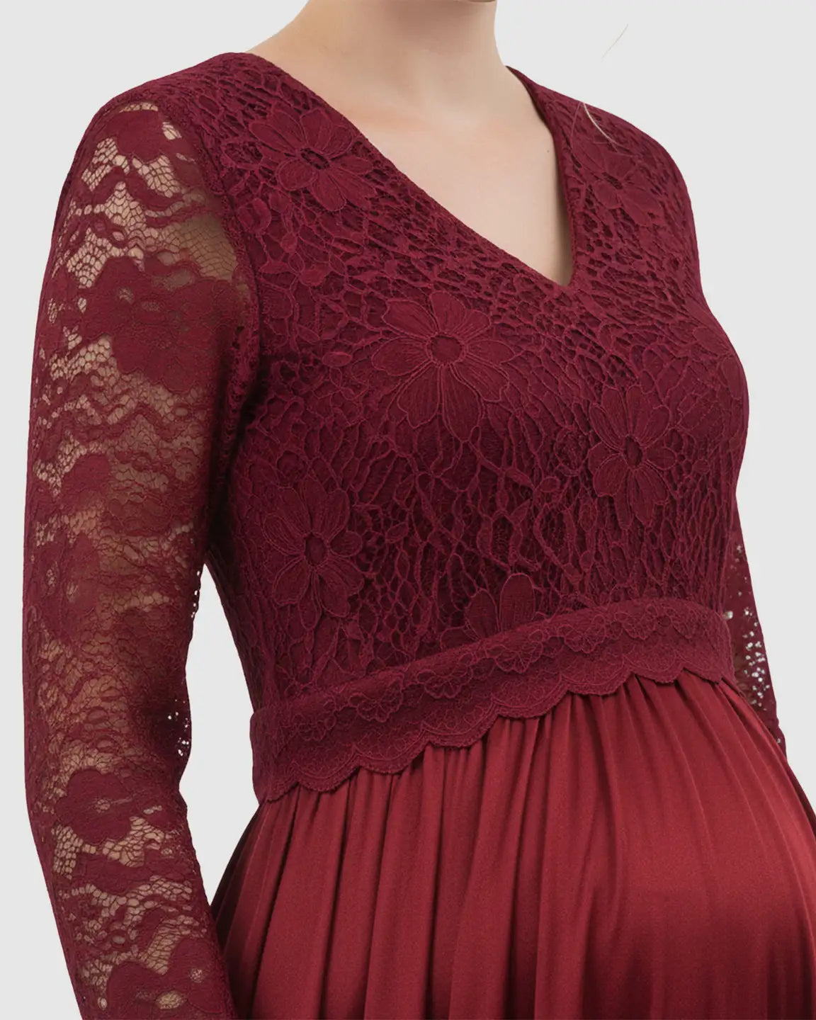 Burgundy lace-spliced V-neck bodice and trailing skirt maternity maxi dress.