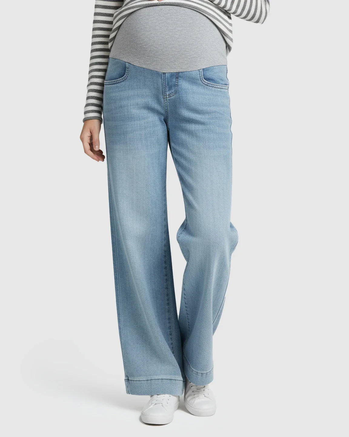 Light wash wide leg maternity jeans with a folded hem and grey belly band, worn with a striped top.