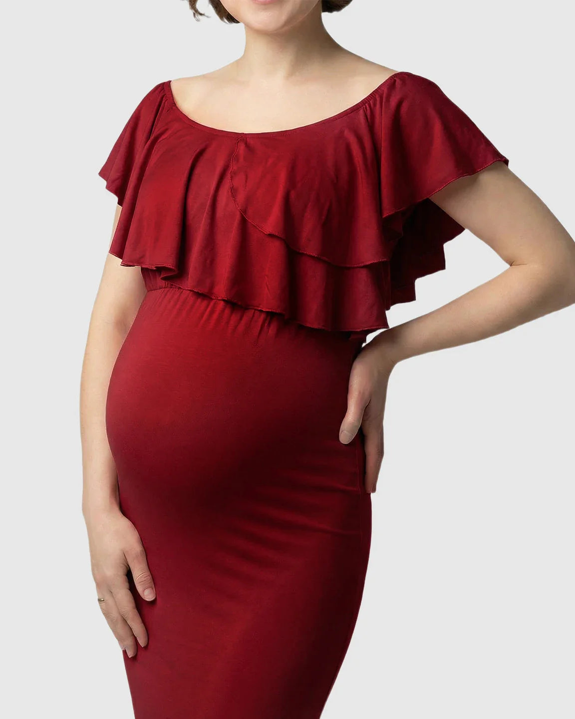 Bump Society – The Comfort Collection: Ruffle-Off Shoulder Trailing Maternity Gown