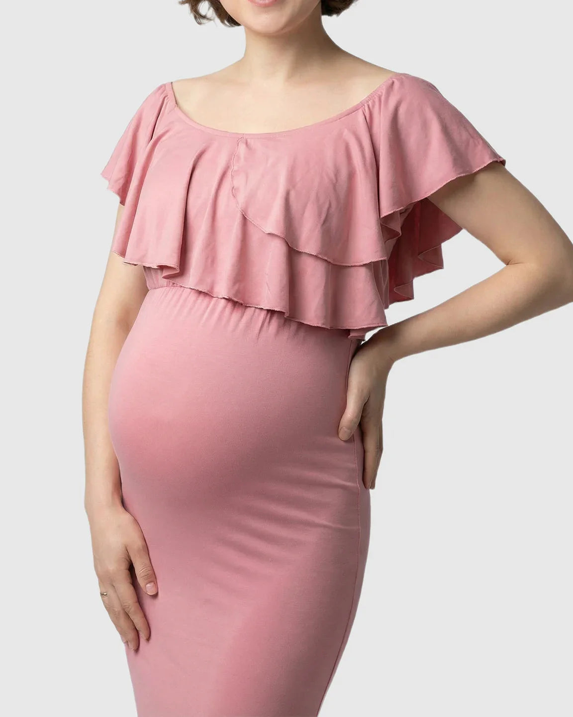 Bump Society – The Comfort Collection: Ruffle-Off Shoulder Trailing Maternity Gown