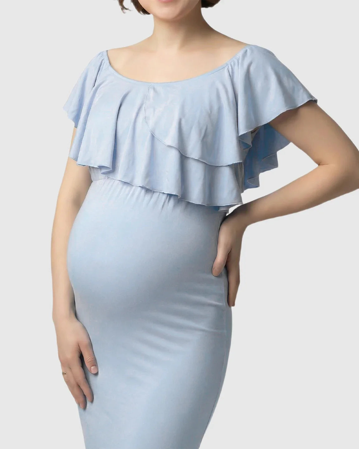 Bump Society – The Comfort Collection: Ruffle-Off Shoulder Trailing Maternity Gown