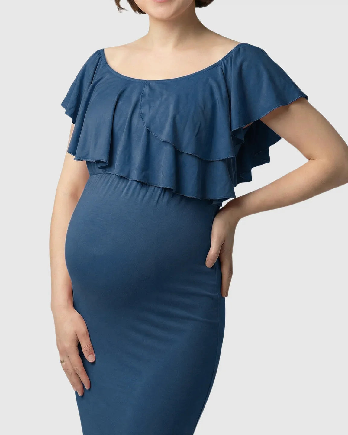 Bump Society – The Comfort Collection: Ruffle-Off Shoulder Trailing Maternity Gown