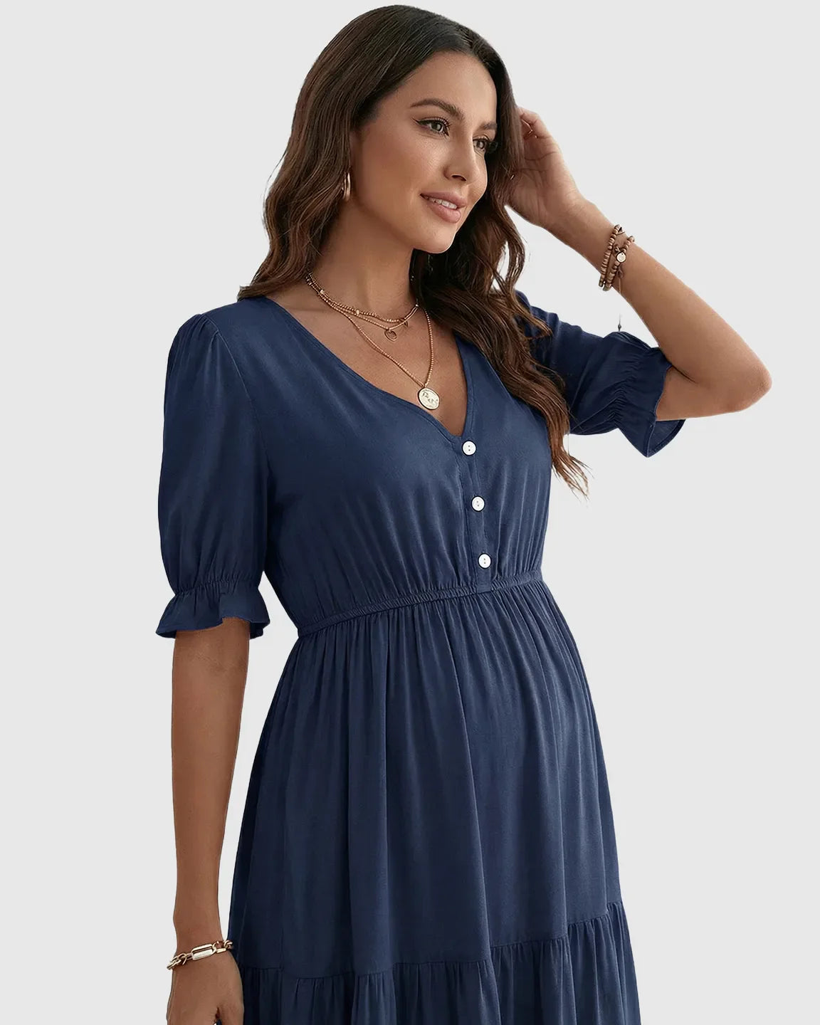 Bump Society – The Comfort Collection: V Neck Puff Sleeve Maternity Midi Dress