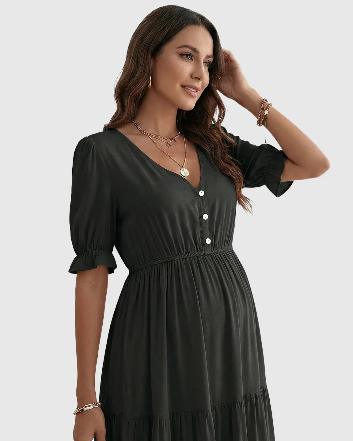 Bump Society – The Comfort Collection: V Neck Puff Sleeve Maternity Midi Dress