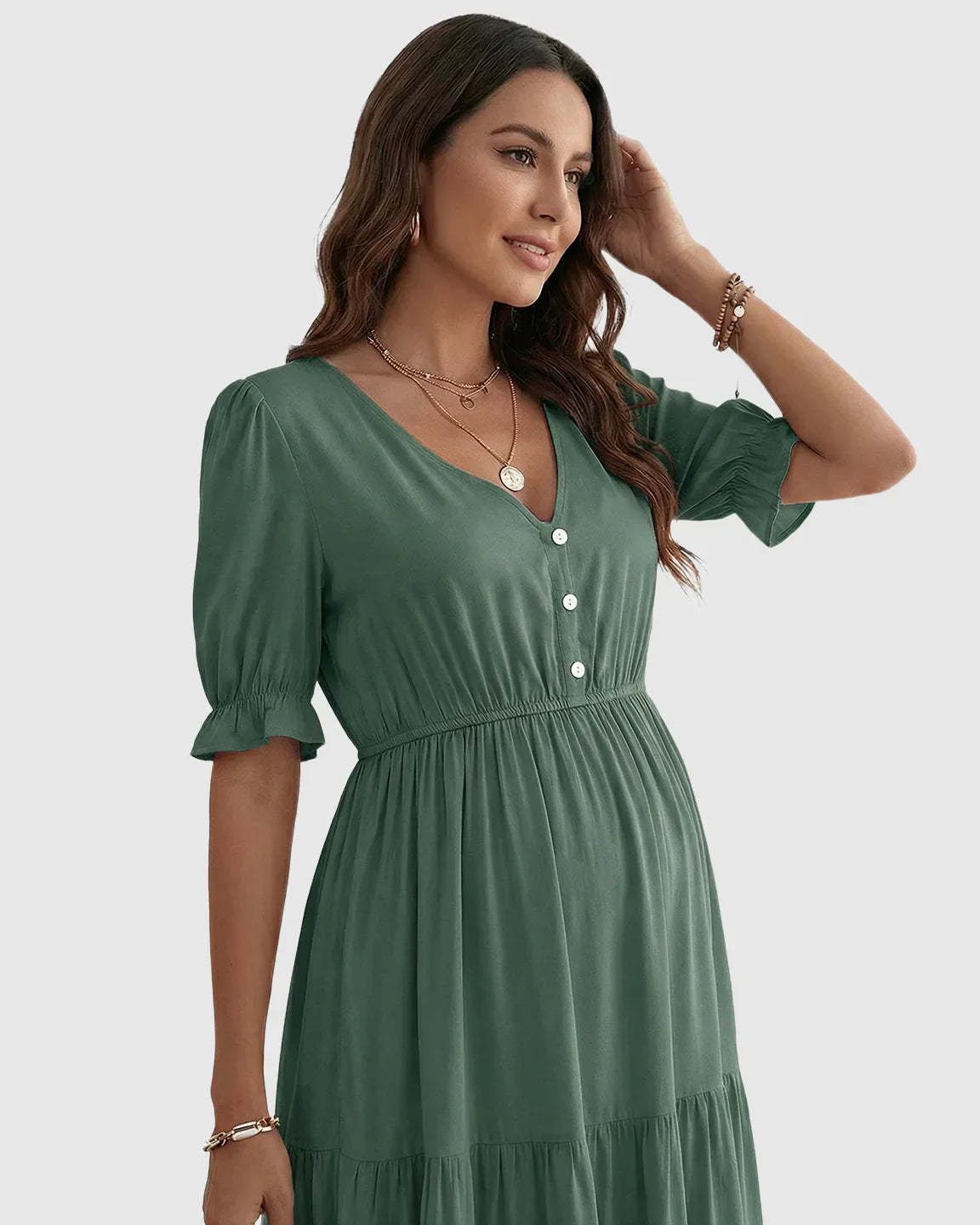 Bump Society – The Comfort Collection: V Neck Puff Sleeve Maternity Midi Dress