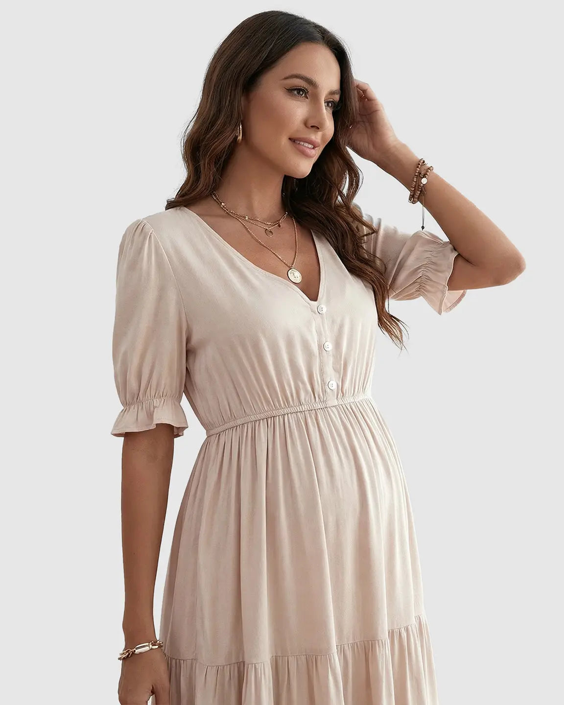 Bump Society – The Comfort Collection: V Neck Puff Sleeve Maternity Midi Dress