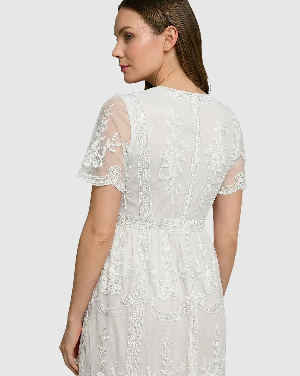 White lace maternity midi dress with V-neckline, three-quarter sleeves, and delicate floral embroidery.