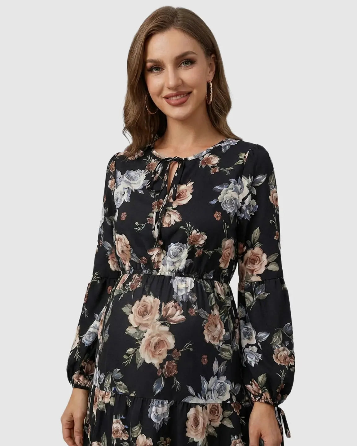 Bump Society – The Comfort Collection: Floral Tiered Hem Boho Maternity Midi Dress