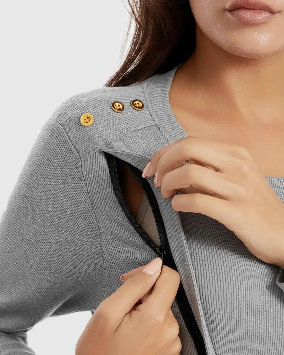 Bump Society – The Comfort Collection: Ribbed Horizontal Zip-Feed Fitted Maternity Shirt