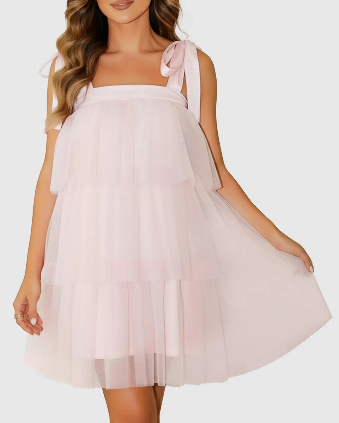 Bump Society – The Comfort Collection: Bow-Tie Tulle Cake-Layer Maternity Mini Dress