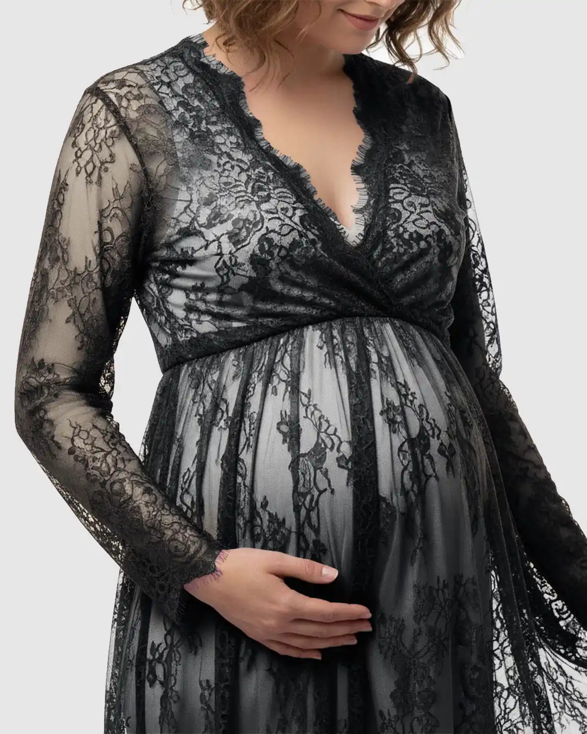 Black sheer floral lace empire waist maternity maxi dress with long sleeves and V-neck.