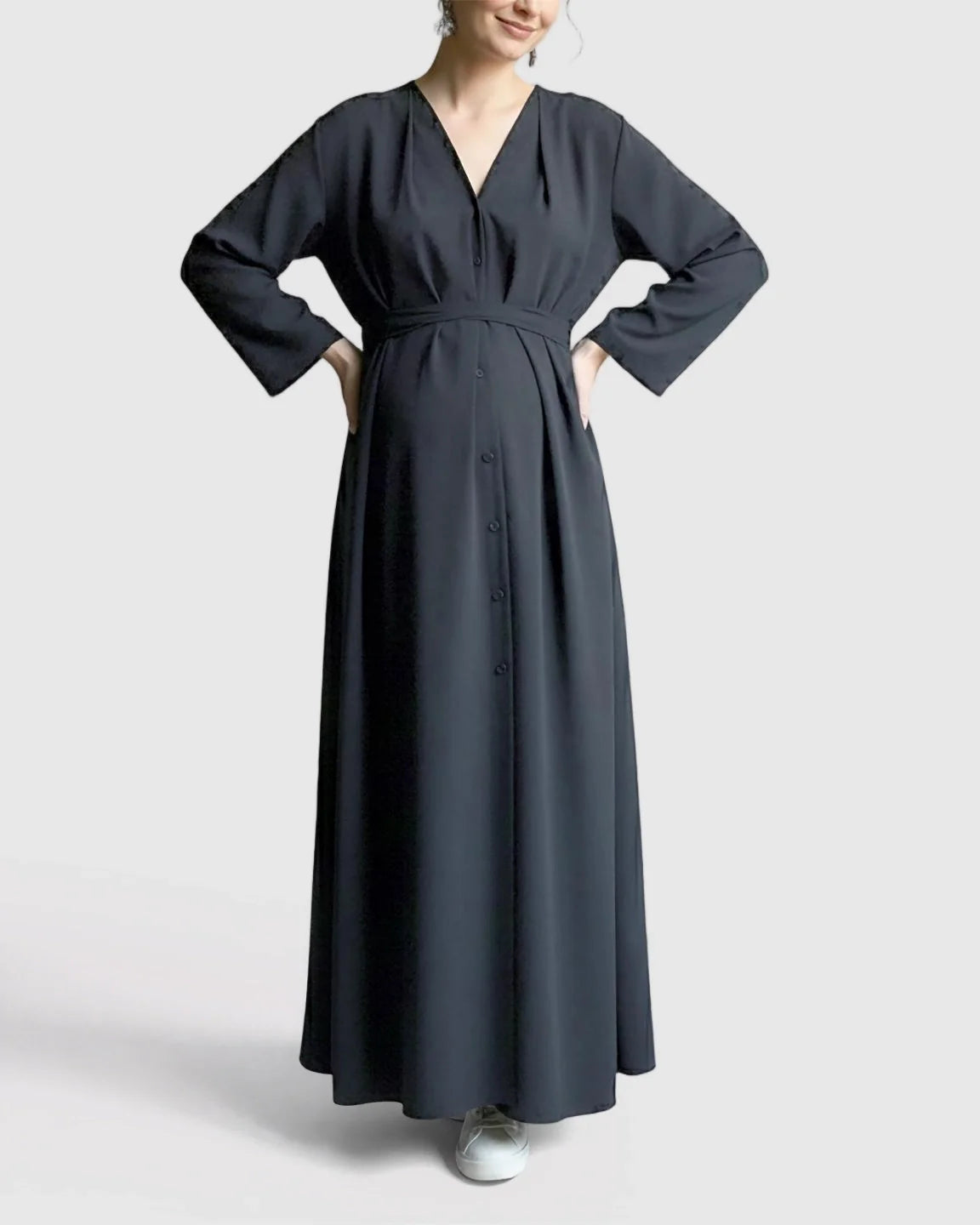 Bump Society – The Comfort Collection: Long Sleeve V-Neck Maternity Maxi Dress with Adjustable Waist