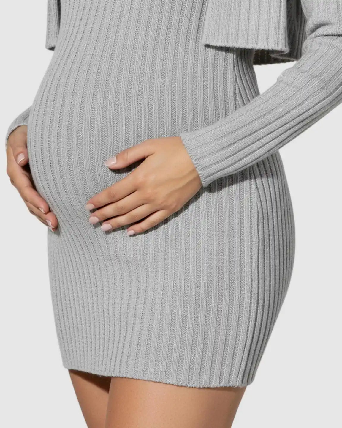 Grey ribbed knit maternity bodycon dress with a matching bolero top, highlighting a pregnant belly.