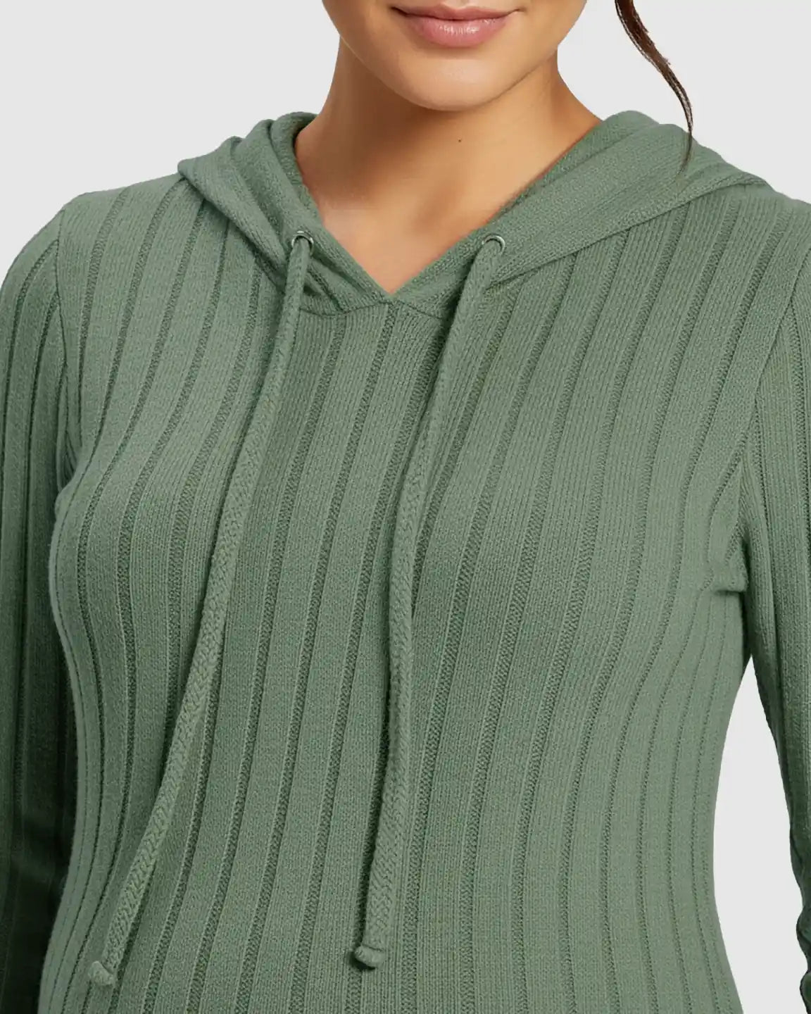Close-up of a pregnant woman wearing a green ribbed bodycon hooded maternity midi dress with drawstring.