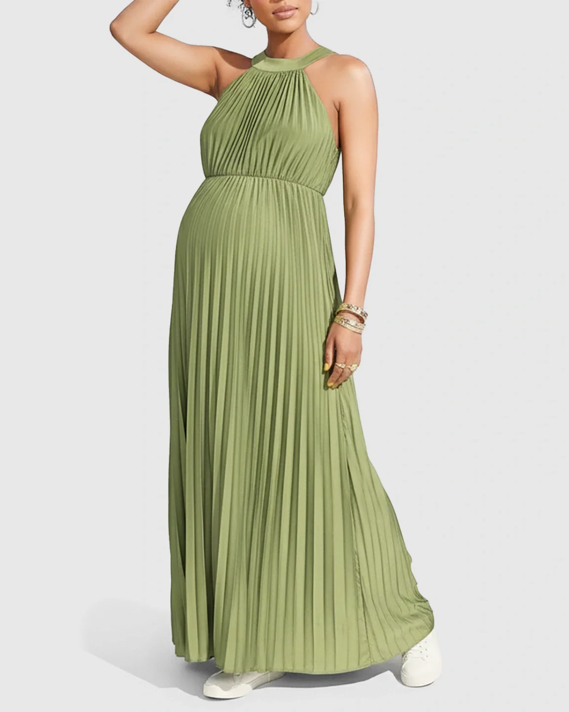 Green faux silk halter neck pleated maternity maxi dress with a flowing silhouette.