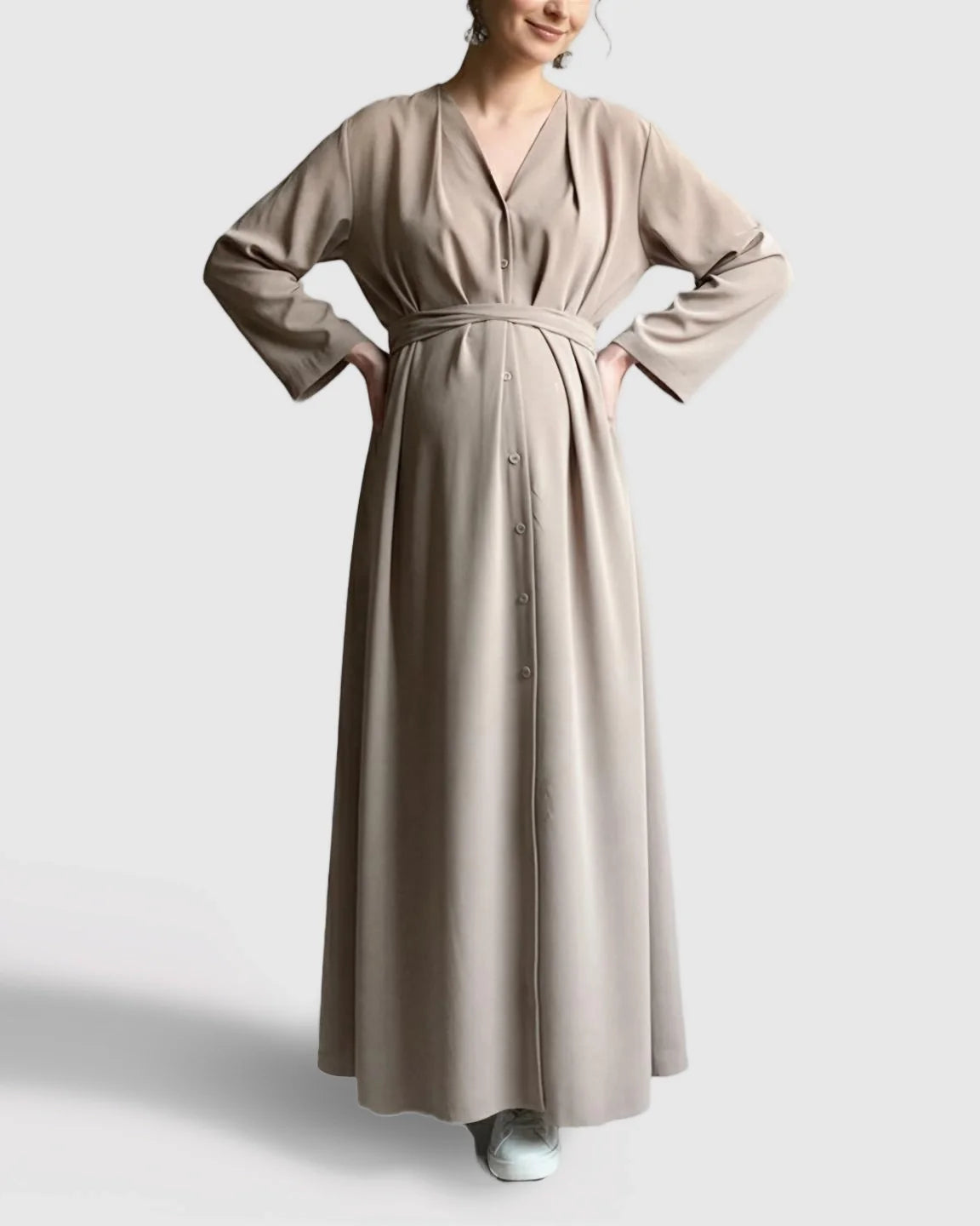 Bump Society – The Comfort Collection: Long Sleeve V-Neck Maternity Maxi Dress with Adjustable Waist