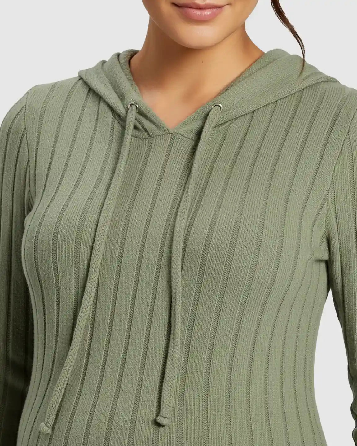 Close-up of a pregnant woman wearing a green ribbed bodycon hooded maternity midi dress with drawstring.