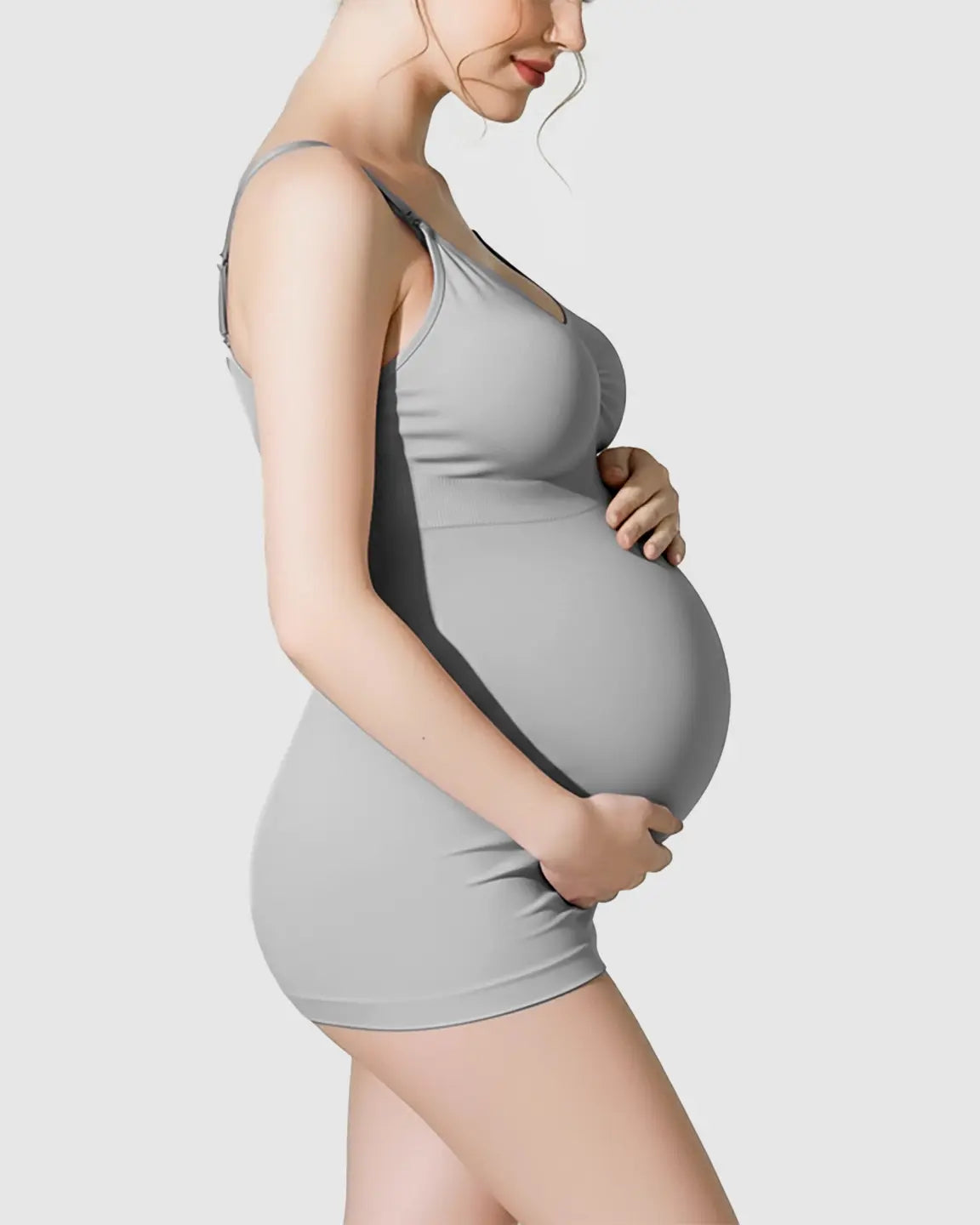 Pregnant woman in a light gray Soft Stretch Front-Opening Wireless Maternity Nursing Bra and matching shorts.