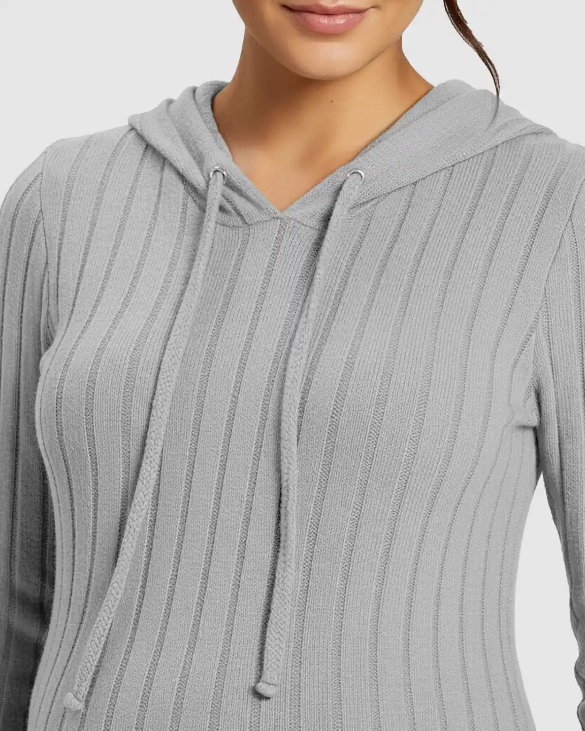 Close-up of a gray ribbed bodycon hooded maternity midi dress with long sleeves and drawstring.