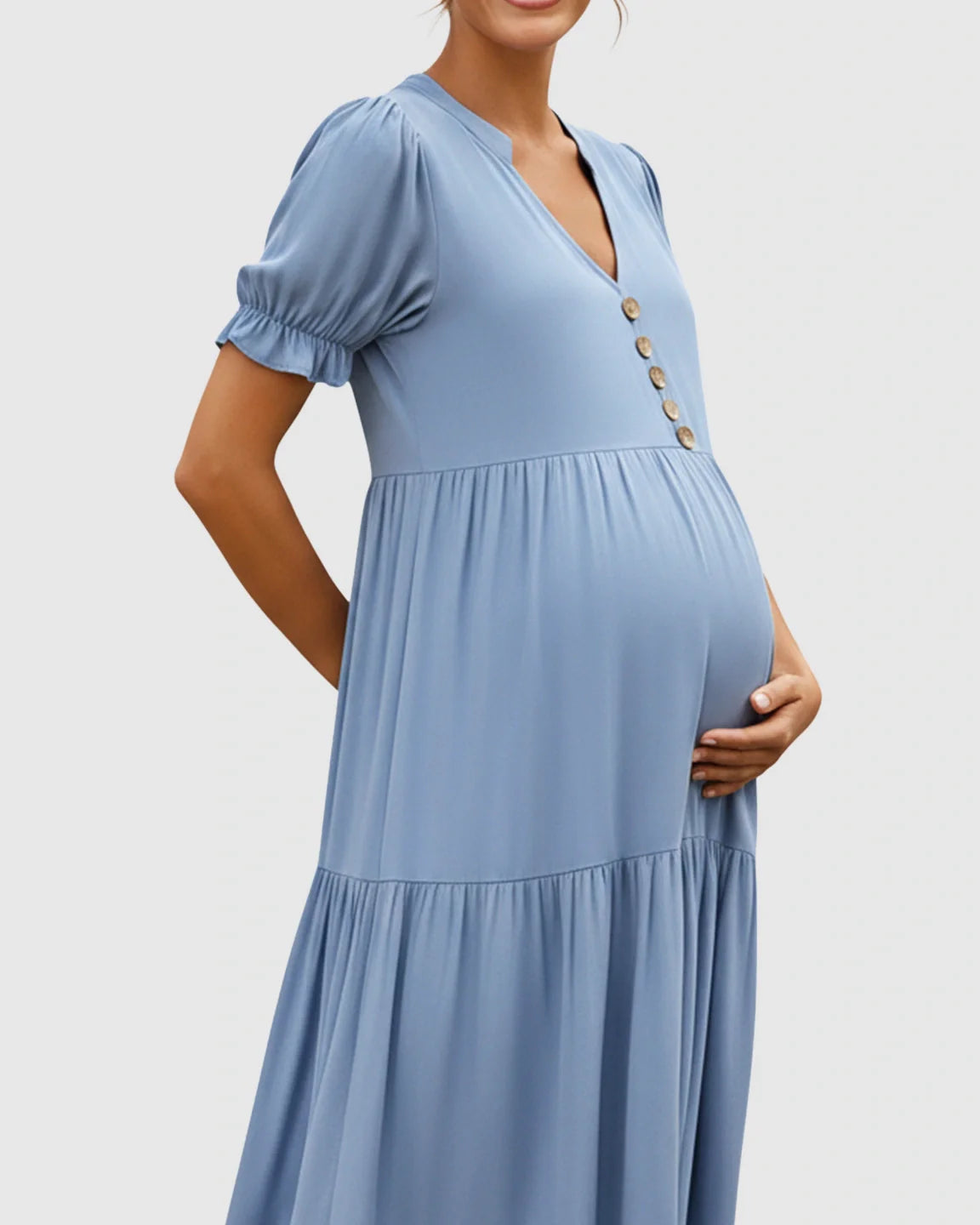 Bump Society – The Comfort Collection: Stand Up Collar Tiered Skirt Maternity Midi Dress