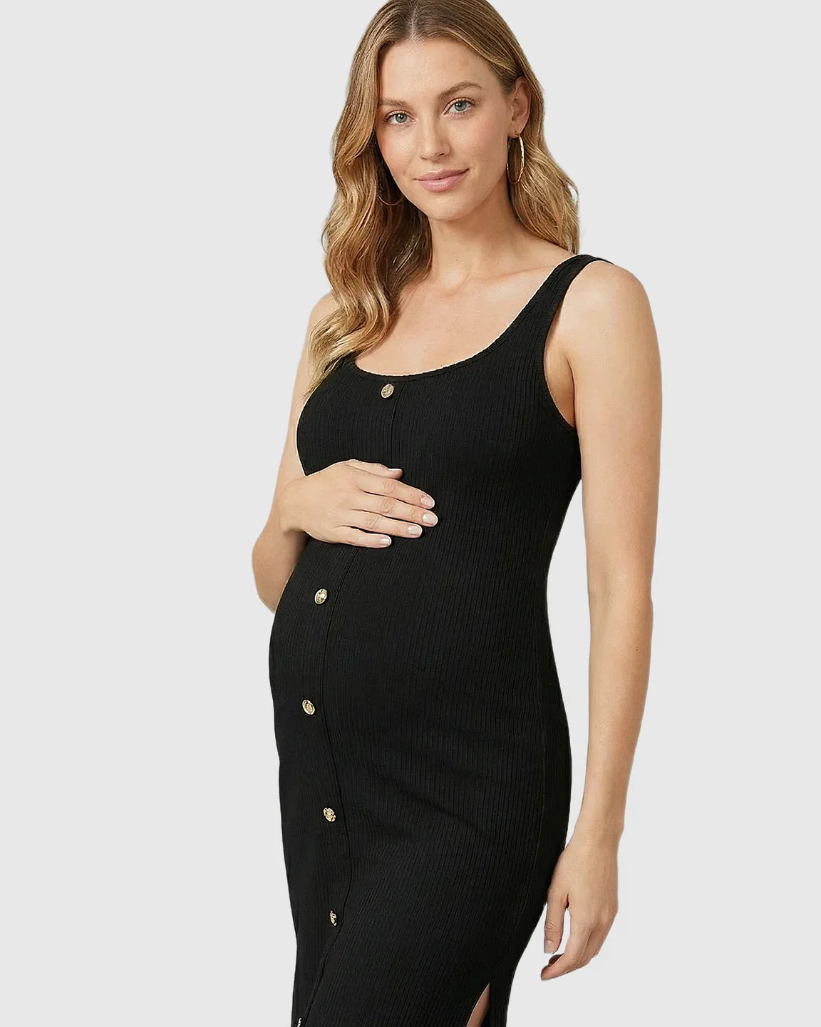 Bump Society – The Comfort Collection: Button-Front Bodycon Maternity Midi Dress